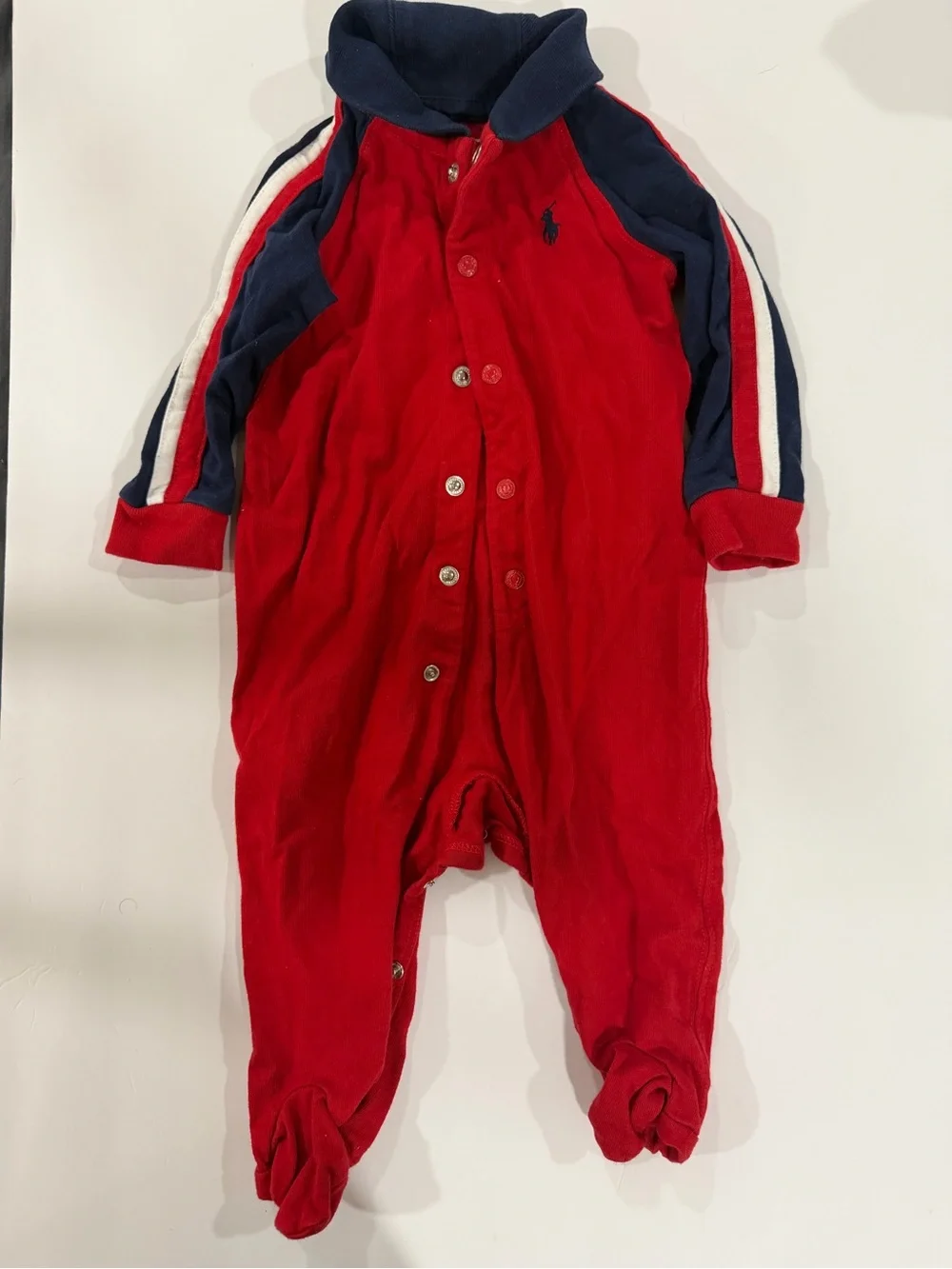 Ralph Lauren Red One-Piece Footed Sleepsuit with Navy Trim